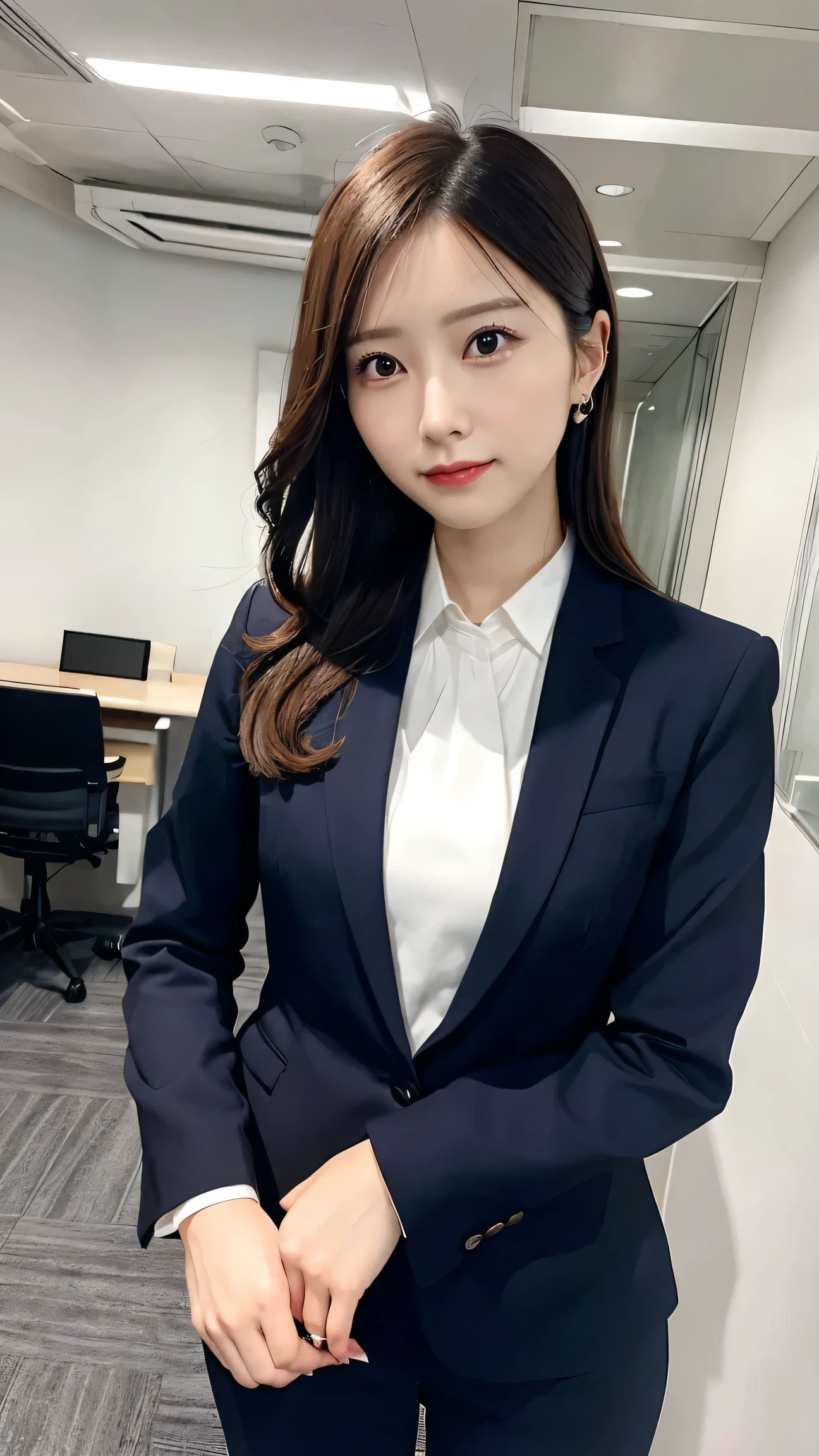 A confident woman in a sharp business suit, standing in a modern office. She has a determined look on her face, exuding professionalism and intelligence