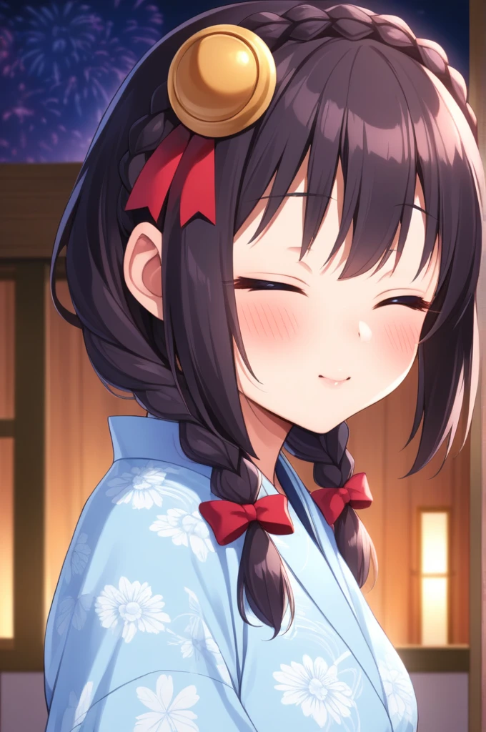 alone, One girl、Crown braids in the same color as your hair, hair ornaments, Hair Ribbon,(A light blue kimono with a red floral pattern and a red obi.)、Black Hair、(blush:1.7)、(With eyes closed, kissing the viewer:1.8)、Larger breasts、The background is fireworks at night