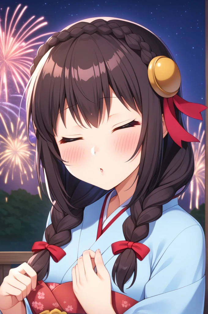 alone, One girl、Crown braids in the same color as your hair, hair ornaments, Hair Ribbon,(A light blue kimono with a red floral pattern and a red obi.)、Black Hair、(blush:1.7)、(With eyes closed, kissing the viewer:1.8)、Larger breasts、The background is fireworks at night