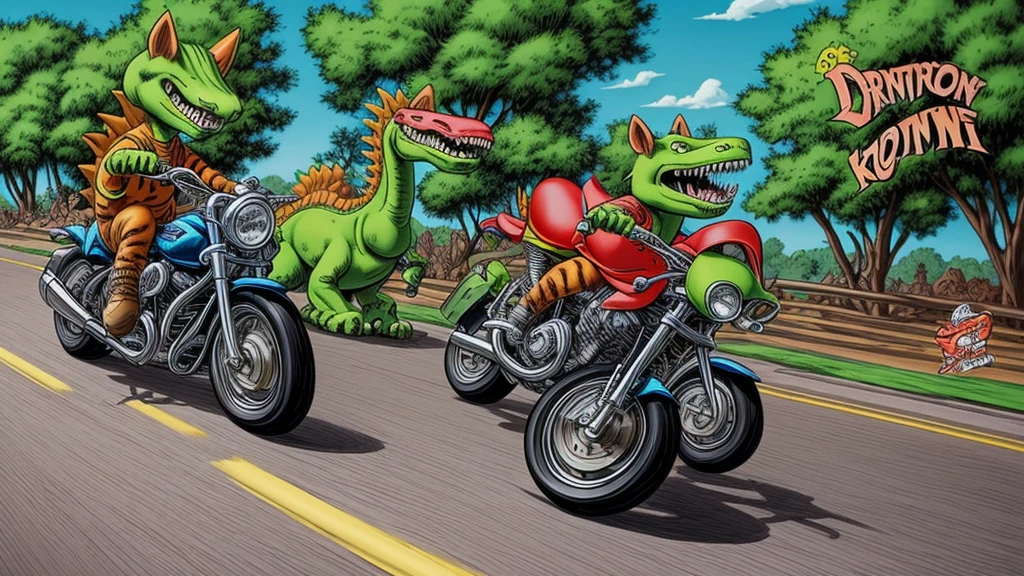 cartoon of a cat riding a motorcycle with a dinosaur on the back, underground comix, a digital rendering, by Ed Roth, rat fink style, ratfink, frank kozik, motorbikers race in hell, john kricfalusi