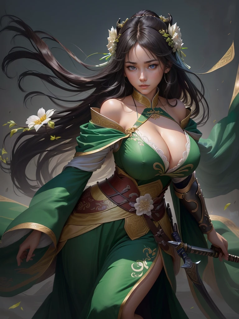 a woman in a green dress holding a sword and a flower, inspired by Li Mei-shu, inspired by Shen Zhou, inspired by Wu Li, inspired by Wu Zuoren, yun ling, inspired by Ju Lian, inspired by Li Tang, full body xianxia, inspired by Qiu Ying, inspired by Lan Ying, xianxia hero, Highly detailed CG unit 8k wallpaper, masterpiece, High resolution, highest quality, highest quality real texture skin, Super Real, Digital Painting, Best image quality, 最High resolution, 8k, ((Highly detailed eyes and face)), 1girl, Beautiful eyes every detail, Full Body Shot, Cleavage, Saggy breasts, Gravity-dependent breasts, long chest, Heavy chest, disproportionate breasts, huge breasts, sagging breasts, gigantic breasts, erect nipple, Off the shoulder,