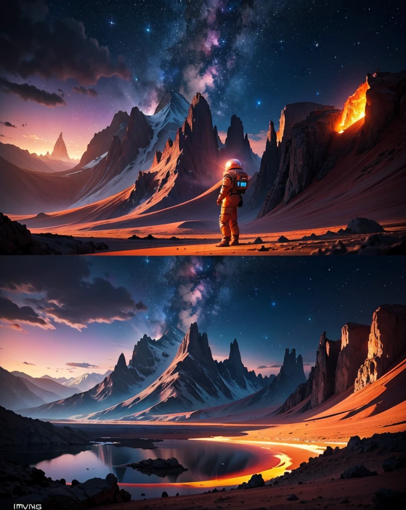 Create a panoramic painting of a night landscape on Mars. The sky is filled with bright stars and vibrant nebulas in colors like blues, purples, and pinks, intertwining in a cosmic spectacle. In the background, strange-shaped mountains rise, with jagged peaks that reflect the starlight softly.

In the foreground, depict rocks and stones in unusual colors, with textures resembling crystal and shiny metals. Add a river of lava flowing slowly, illuminating the landscape with an orange glow. Include alien plants with luminous leaves and whimsical shapes, contrasting with the red, dusty Martian ground.

To add a touch of fantasy, incorporate flying creatures with iridescent wings soaring through the starry sky. Include an astronaut in a contemplative pose, gazing at the horizon, wearing a shiny spacesuit that reflects the colors of the landscape. The atmosphere should evoke a sense of wonder and mystery, transporting the viewer to an imaginary world."
