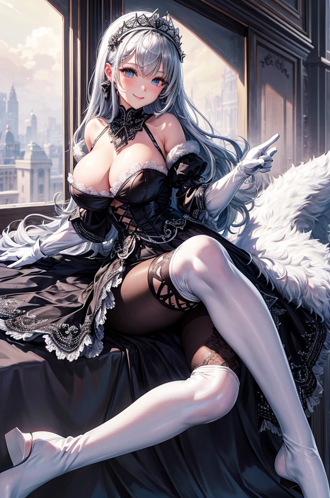 (high quality, 8k, 4K, High Contrast, masterpiece:1.2, 最high quality, Best aesthetics), , Maid, Very detailed, Seductive and erotic girl with lace headdress, smile, (large breast, Silver fur, white gloves), Focus on the face, Focus on the face, Complex eyes, tights, laced tights, coffee shop, Ground angle shot, Viewers looking up, feet in tights, Open-chested clothing