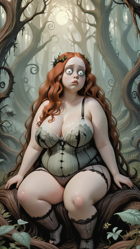 Young auburn haired chubby woman in Tim Burton-inspired forest. Forest is full of peculiar creatures. Girl is voluptuous, has giant breasts and is topless, The forest is a blend of anime aesthetics and Burtonesque surrealism,(hand drawn with pencil:1.2), (tim burton style:1.27), huge breasts, curvy body, ultra detailed, intricate, 