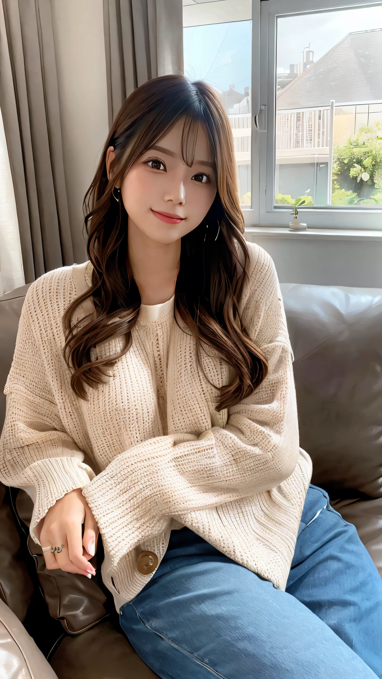 A beautiful woman in comfortable, casual clothes, relaxing at home in a cozy living room, with soft natural light streaming through the windows.