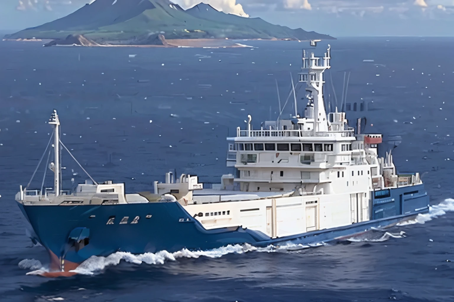 (masterpiece, Highest quality:1.2), 1 outlying island route ship, alone, The entire ship is photographed with Aogashima Island in the Izu Islands in the background.、