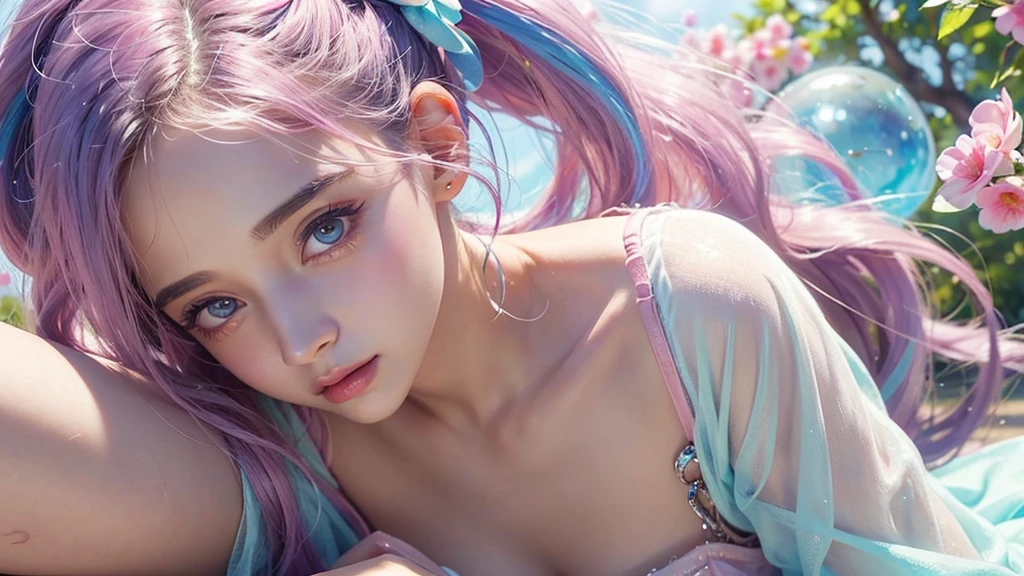 ((masterpiece)). This work is wonderful, dream-like、Fantastic, Soft pink watercolor shades with candy accents. Generate and explore delicate and understated fairies (A colorful bubble gum world in pastel colors). Her sweet face is extremely detailed and realistic with elegant features and a fierce expression, And it becomes ((((Naomi Scott)))). Mature characteristics and stunning, Extremely realistic eyes. Her eyes are important、Be realistic, Very detailed, And it's beautiful. High resolution and detail, Include many details like stars, Milky Way, Colorful bubbles, Colorful petals, And a lot of energy and emotion! Stars and colorful bubblegum bubbles are important! Include fantasy details, Enhanced Details, iris, Colorful sparkling wind, And pollen. Pay special attention to her face、Make sure it's beautiful and realistic in detail。. The image should be dream-like、Fantastic.8k, Complex, elegant, Very detailed, Majestic, Digital photography
