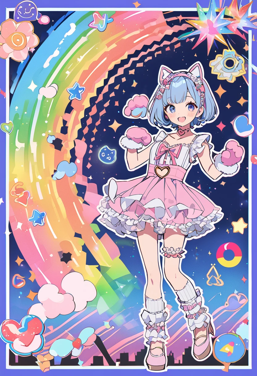 (masterpiece, best quality:1.1),popart style,flat color,(1girl,japanese,tween,cat-ear headband,((Paw shaped Gloves)),detailed paw gloves,claw pose,BREAK (darkblue hair,wavy-short hair),parallel eyebrows,eyes with large irises, fresh lips, very happy, BREAK (walking on rainbow over the night sky), rainbow and fireworks art, various fireworks and rainbow symbols, (blue outline), fantasy, BREAK (wearing pink babydoll fashion,heart belt choker blouse,ruffle skirt,millefeuille lace high-socks,pumps),