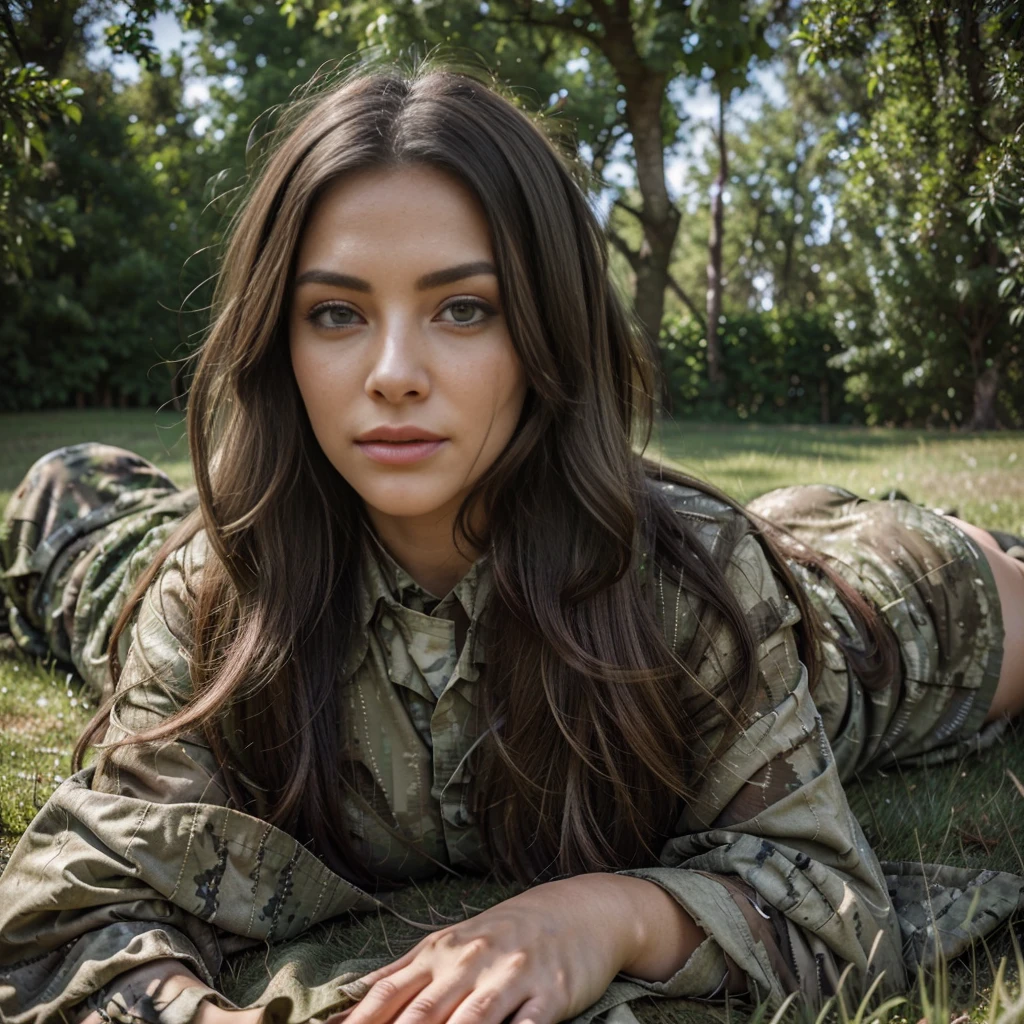 A woman in a military ghillie suit, lying on her stomach on the grass, seamlessly blending into the background, beautiful detailed eyes, beautiful detailed lips, extremely detailed eyes and face, long eyelashes, photorealistic, 8k, masterpiece, intricate details, natural lighting, lush greenery, realistic textures, muted color palette