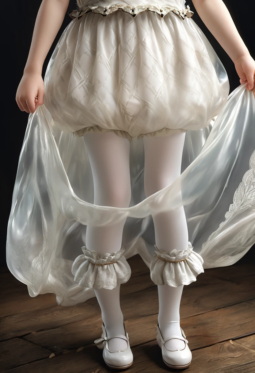 10 year old girl underwear, Realistic bloomers made from patterned cotton fabric, Medieval one-piece dress with panniers, Fabric Realism, Low - Angle, I see bloomers, Pull up the dress by hand, Strong winds, Translucent slip, Translucent slip, tights, Highest quality, Crotch close-up, whole body
