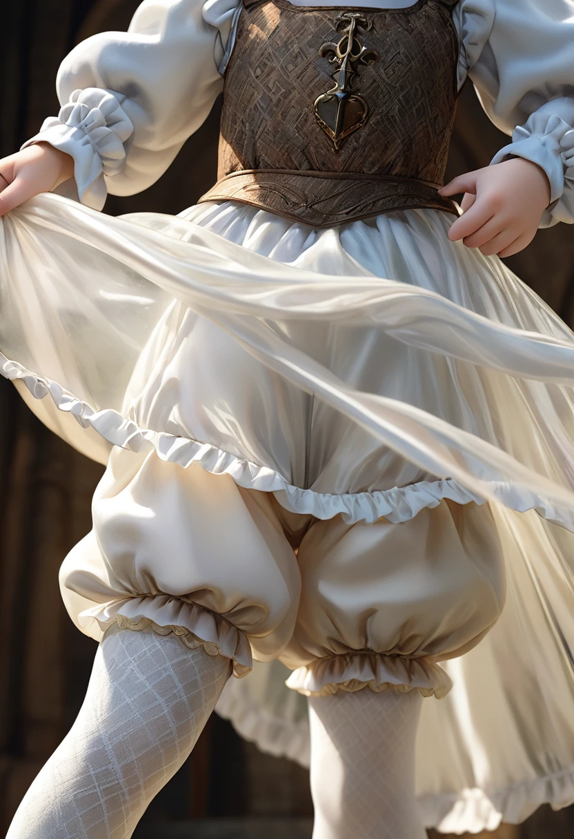  girl underwear, Realistic bloomers made from patterned cotton fabric, Medieval one-piece dress with panniers, Fabric Realism, Low - Angle, I see bloomers, Pull up the dress by hand, Strong winds, Translucent slip, Translucent slip, tights, Highest quality, Crotch close-up, whole body
