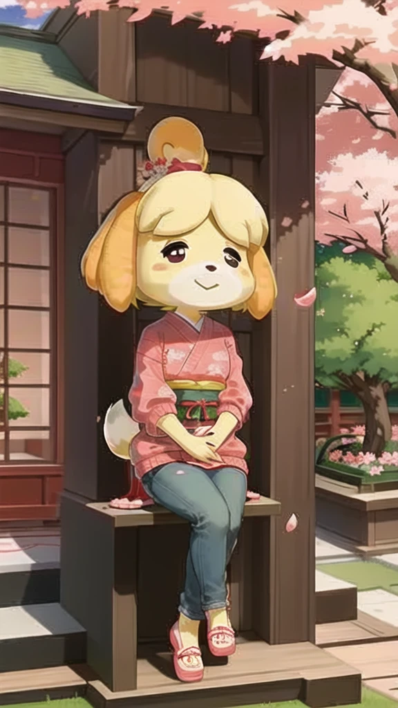 (Isabelle \(Protect animals\):1.1), (masterpiece, best quality:1.15), 1 Girl, Solitary, Small Breasts, Looking at the audience, Maroon eyes, permanent, Cross your legs, Even attract, Killer sweater, jeans, sky, picturesque, Idyllic, outdoor, Cherry blossoms, Tree, Japanese Architecture, garden, pink, Flowers, petal, falling petal, Japanese Garden, used to be, Cherry blossoms, Long hair, French Braid, Ahog, affectionate, Small heads, Small Eyes, Flat nose