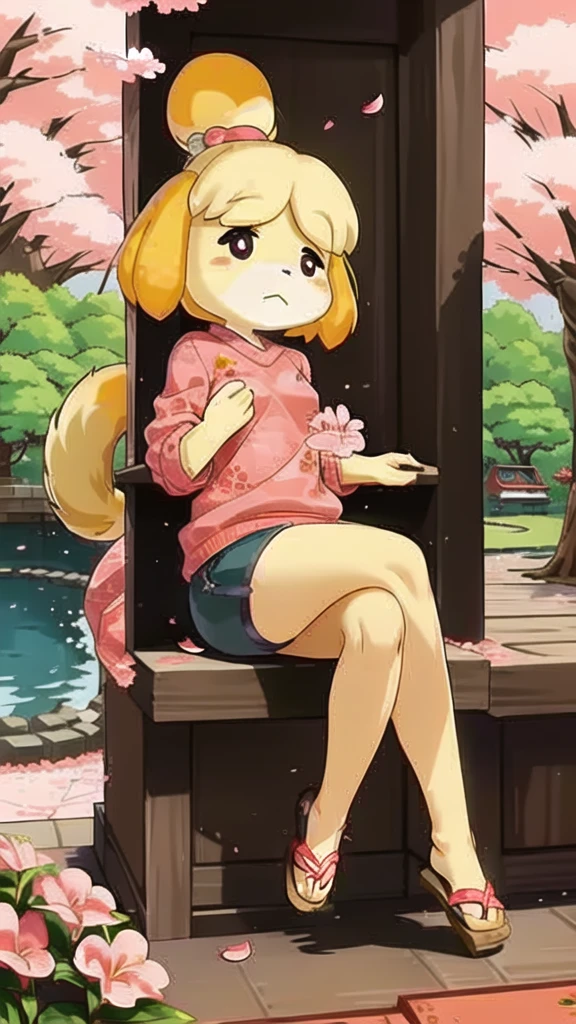 (Isabelle \(Protect animals\):1.1), (masterpiece, best quality:1.15), 1 Girl, Solitary, Small Breasts, Looking at the audience, Maroon eyes, permanent, Cross your legs, Even attract, Killer sweater, jeans, sky, picturesque, Idyllic, outdoor, Cherry blossoms, Tree, Japanese Architecture, garden, pink, Flowers, petal, falling petal, Japanese Garden, used to be, Cherry blossoms, Long hair, French Braid, Ahog, affectionate, Small heads, Small Eyes, Flat nose