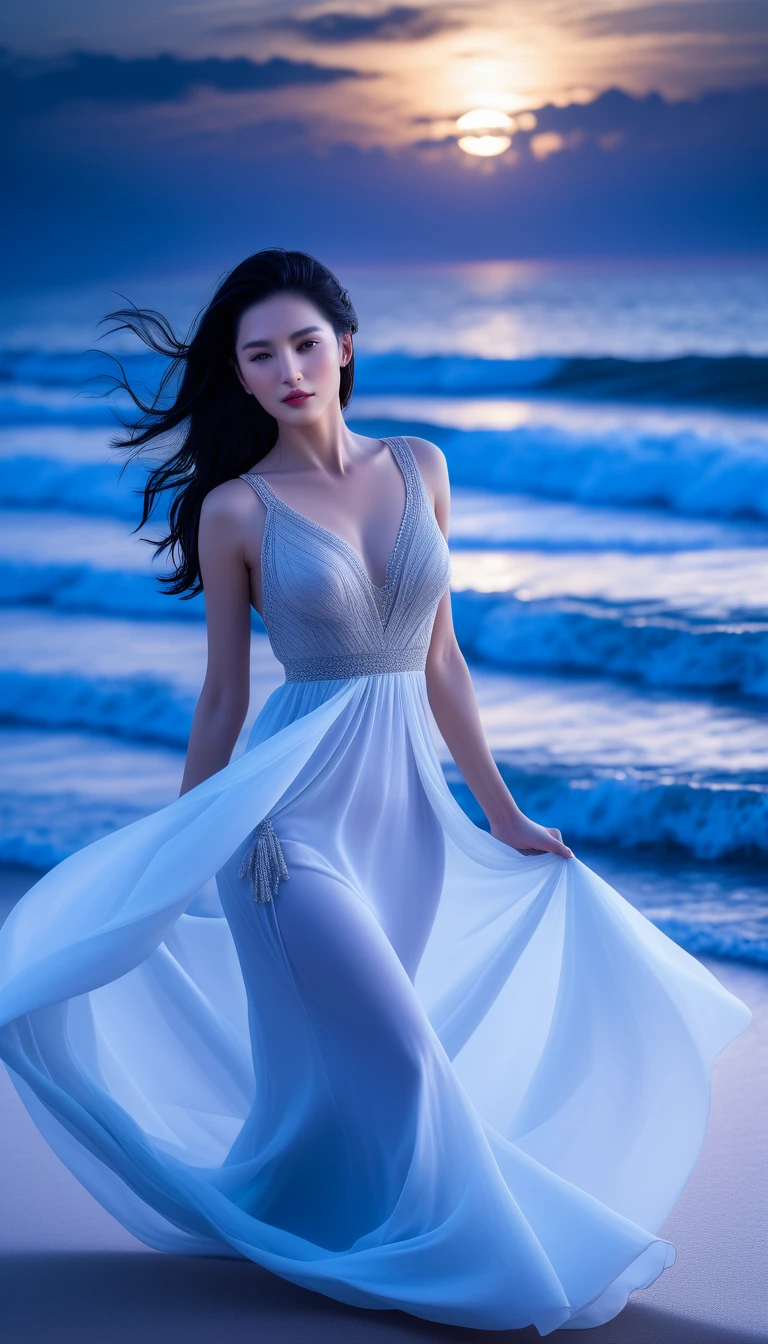 ((Masterpieces with up to 16K resolution:1.6)),Highest quality,it is really amazing,Very detailed,Ultra-high resolution,((Real:1.5)),((Realistic:1.5)),Increased depth of field,Cinematic Light,
Elegant mature woman,
Long black hair,((Exquisitely detailed face:1.5)),Translucent white skin,Very sensitive skin,Great proportions,Anatomically correct body,
elegant beach dress,Artistic design,Beautiful and detailed pattern,Luxurious jewellery decoration,Detailed fabric texture,
Coastal landscape at dusk,Dark clouds and dark sky,delay々Continuing sandy beach, Deserted Beach,Dark sea surface,
(Dramatic Angle:1.6),