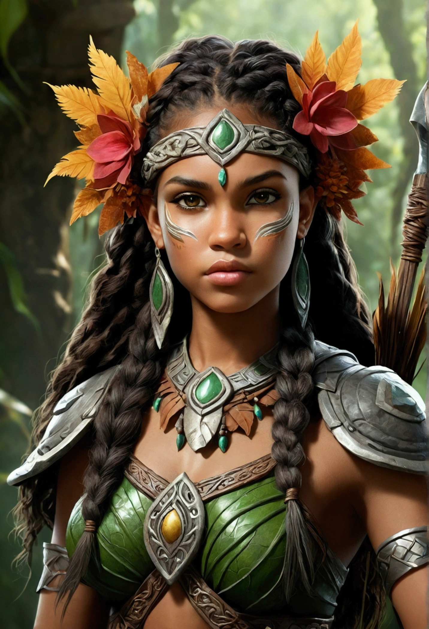 (High resolution, Realistic) light skinned black girl, Dungeons＆dragons style druid, Has a bow, Draw your bow and aim at the orc. The girl is wearing armor made entirely of leaves.

Further details: Girls are complicated, Earthy colored tribal face paint. Her eyes are sharp and focused, Reflects determination and strength. Her lips are plump and slightly open, Show concentration when aiming. girl long, Flowers and feathers are braided into her wavy hair., It enhances her natural and magical look.. (((whole body))), A dark jungle where many beads lurk. The armor she wears is large., Scale-like overlapping leaves, Provides both protection and camouflage in the natural environment. The leaves are bright green, Emphasizes the Druid&#39;s connection to nature. Vines and flowers intertwine with armor, Enhances the mysterious and rustic look.

The bow she holds in her hand is made of intricately carved wood., Decorated with nature-inspired patterns and symbols. When she pulls the bowstring, druids are elegant