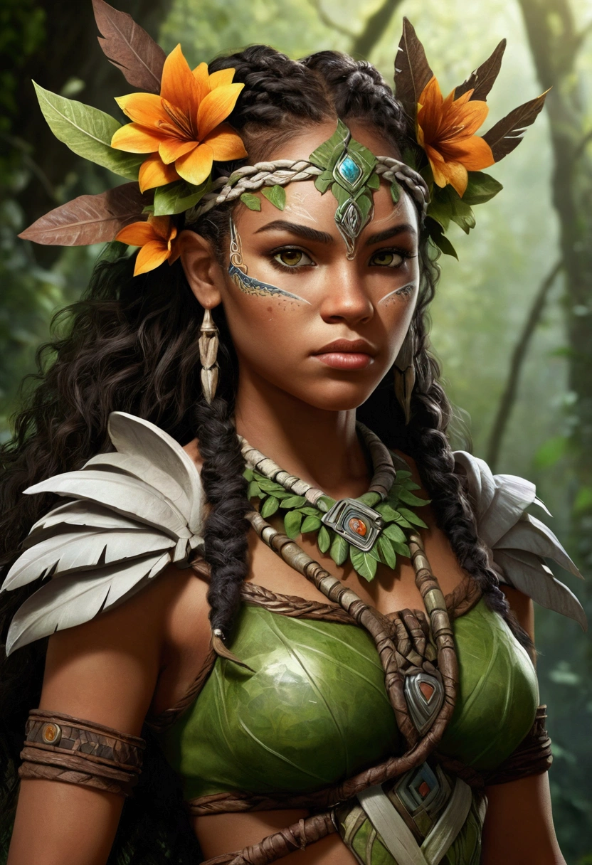 (High resolution, Realistic) light skinned black girl, Dungeons&dragons style druid, Has a bow, Draw your bow and aim at the orc. The girl is wearing armor made entirely of leaves.
Further details: Girls are complicated, Earthy colored tribal face paint. Her eyes are sharp and focused, Reflects determination and strength. Her lips are plump and slightly open, Show concentration when aiming. girl long, Flowers and feathers are braided into her wavy hair., It enhances her natural and magical look.. (((whole body))), A dark jungle where many beads lurk. The armor she wears is large., Scale-like overlapping leaves, Provides both protection and camouflage in the natural environment. The leaves are bright green, Emphasizes the Druid's connection to nature. Vines and flowers intertwine with armor, Enhances the mysterious and rustic look.
The bow she holds in her hand is made of intricately carved wood., Decorated with nature-inspired patterns and symbols. When she pulls the bowstring, druids are elegant