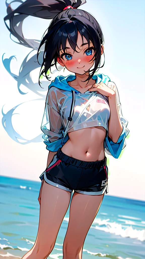 One girl, masterpiece, High resolution, Anatomically correct, ponytail, Blushing, blue eyes, smile, cute、ribbon, far and near method, Anime Style, Black Hair, Long Hair, Feet out of frame, Sports bra style swimsuit、chest, Shorts、see-through hoodie