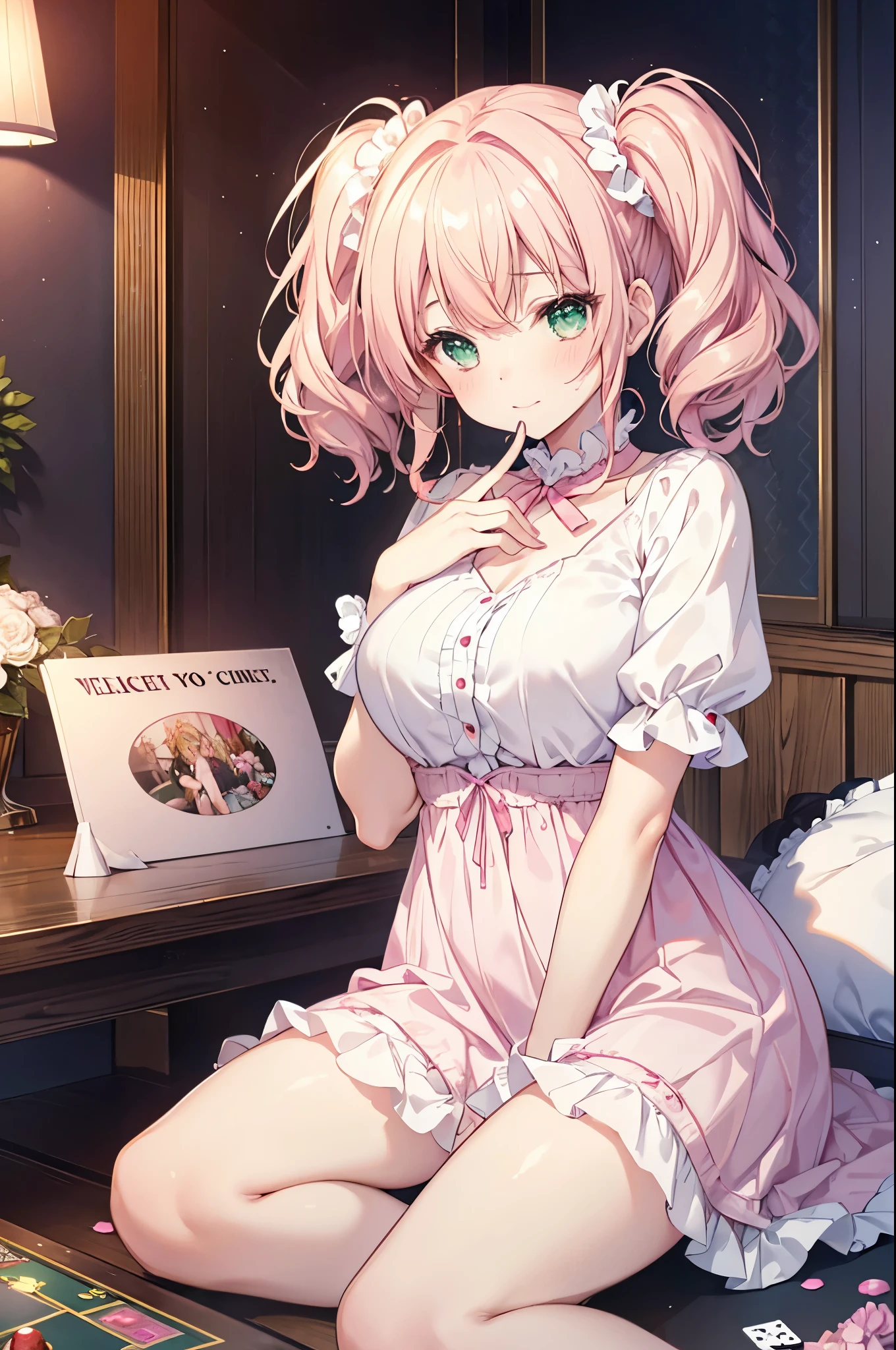 A woman in a pink dress is sitting on the bed、black rose fairy kisses the flower. That fairy is smaller than a flower. The neat costume gives off a mysterious luster. Flower Field, Natural light,(Highest quality), (Tabletop:1.3), Very detailed, Highest quality, Tabletop, (Game CG:1.4), Browsing Caution, Beautiful face and eyes in every detail,Burst chest、, Big ample breasts、 、、, (Tabletop, Highest quality), (Realistic:1.37), RAW Photos, High resolution, (A face with attention to detail), front,
masterpiece, Ultra-fine illustrations, Highest quality, Particles of light, Very detailed, 8k wallpaper, (Bright colors:1.2), alone, ((Girl)), Big Breasts, (Blonde), Disheveled Hair, short hair, Twin tails, Two Side Up Hair, Scrunchie, Curly Hair, Shiny Hair, Glowing Skin, (She wears a light pink and white horizontal striped dress., Short sleeve), (Frilled mini skirt), (White legwear), ((horizontal striped panties)), (Beautiful green eyes, Shining Eyes, Big eyes), Affectionate smile, Captivating smile, Mouth closed, Blushing, (Prank Room), (Pink Bed), (Pink pillow), (Pink Curtains), Recall, Get down on all fours, Browsing Caution,