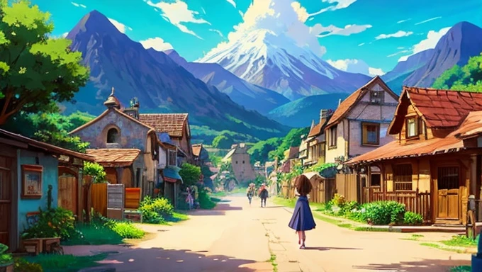Anime village and woman, walking along the road, Anime landscape concept art, Lively and magical city, medeival fantasy city, The Magic Village, anime background art, Cottage town, anime in the style of Studio Ghibli, fantasy city, Studio Ghibli Style, quaint village, Illustration style like in a fairy tale, Sleek concept art from Studio Ghibli, beautiful illustration, beautiful anime scenery