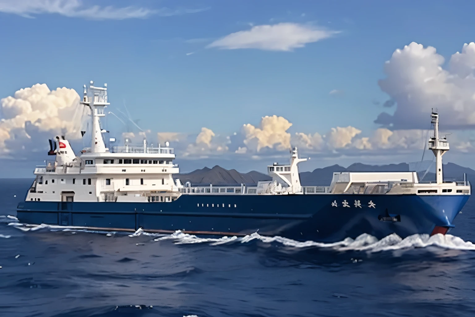 (masterpiece, Highest quality:1.2), 1 outlying island route ship, alone, The entire ship is photographed with Aogashima Island in the Izu Islands in the background.、