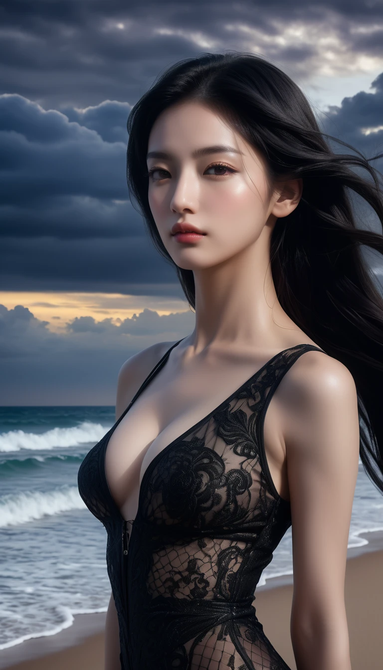 ((Masterpieces with up to 16K resolution:1.6)),Highest quality,it is really amazing,Very detailed,Ultra-high resolution,((Real:1.5)),((Realistic:1.5)),Increased depth of field,((Cinematic Light Effects:1.5)),
Elegant mature woman,
Long black hair,((Ultra-detailed and beautiful faces:1.5)),Translucent white skin,Very detailedな肌の質感,Great proportions,Anatomically correct body,
Elegant high leg swimsuit,Artistic design,Beautiful and detailed pattern,Luxurious jewellery decoration,Detailed fabric texture,
Coastal landscape at dusk,Dark clouds and dark sky,delay々Continuing sandy beach, Deserted Beach,Dark sea surface,
((Focus on a woman's face:1.5)),(((Cinematic Angle:1.8))),