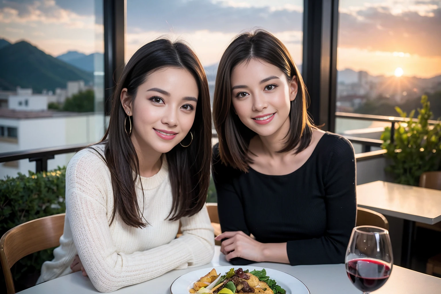 ((Highest quality、8k、masterpiece:1.3))、1 male、1 female、lover、Beautiful couple、Smile、 (Slim face), (the body is スリム), (Brown Hair), (Shortcuts), ((Bob Hale、Straight hair:1.2)), テーブルの上のwine glass、Please shine a light on my face、 Amazing view of the sunset sky and clouds、Amazing mountain views、The beauty of a smile、Bright image、blush, Shortcuts,Bright Face、 (42 years old), 39 years old, red wine 、Appetizers、Italian food、Wine bottle、Champagne、sparkling wine、Long sleeve shirt、dress、Attractive beauty、restaurant, Nova Frog Style, actress, model, Upper Body, White wine, red wine, wine glass,