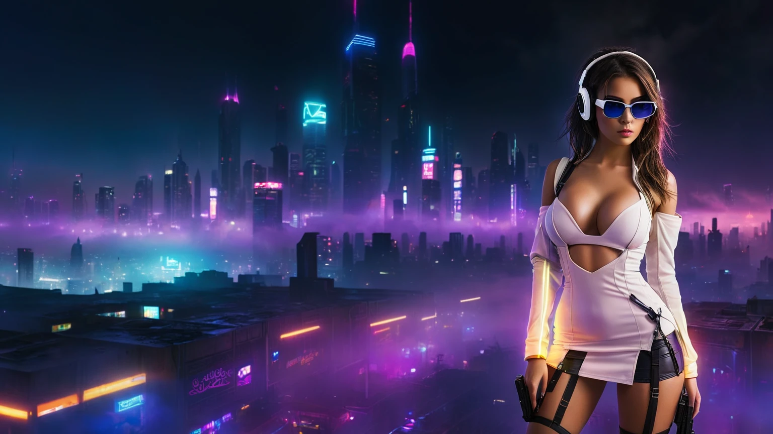 dark futuristic landscape, at night, neon lights, Atmospheric fog, large buildings in the background, futuristic city, streets with open shops, skyscraper (postapocalyptic city:1.3). (((1girl, solo, alone))), large-breast:1.2 slim body, cleavage:1.1, sexy miniskirt, (((headphone, black sunglasses, standing and holding pistol pose))), (((half-body thigh level medium shot))), cinematic lighting, lens flare, ray tracing.