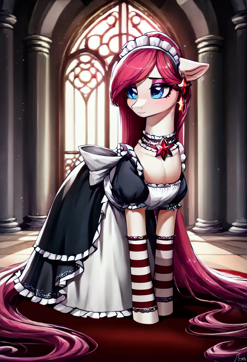 score_9,score_8_up,score_7_up,score_6_up, ((my little pony)), radiant lighting, vibrant colors, whimsical atmosphere, 8K, high resolution, highly detailed, masterpiece, (shy look), ((pony body)), white body, blue eyes, (maid costume), striped stockings, star pendant, earrings, eyeshadow, ((fuscia long hair:1.6)) large overfilled breast_implant, huge keep_inflating_Extrem_like a blimp,