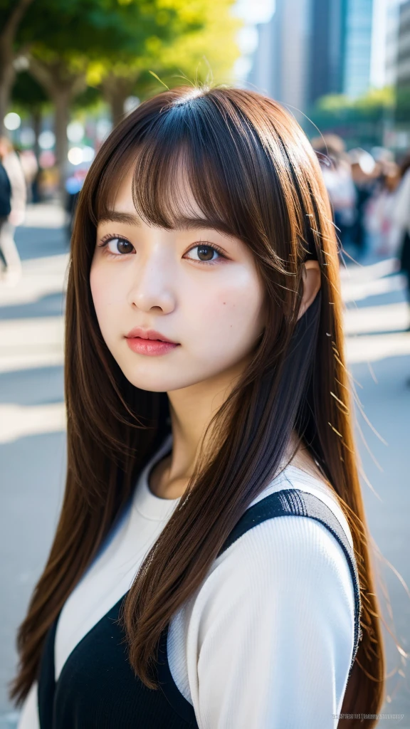 (best quality, 8k, 32k, masterpiece, UHD:1.2), ultra high resolution, (pretty a Korean early girl), 13 yautiful detailed black eyes, semi long brown hair, bangs, portrait, (crowded city boulevard on a bright sunny day:1.2)