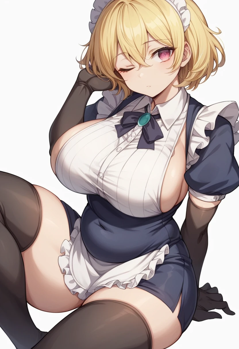 (One girl)、(bob cut)、(sidelock)、((Blonde))、（Sato Air）、(slan eyes)、（boyish）、cute、(Big super breasts)、Chubby、Maid、No sleeve、mini skirt、White sleeveless、thigh-high socks thighhighs、(long gloves)、hairs between eyes、(coarse hair)、[flipped hair]、pink eye、expressionless、one eye closed、arm behind back、brim、White Background