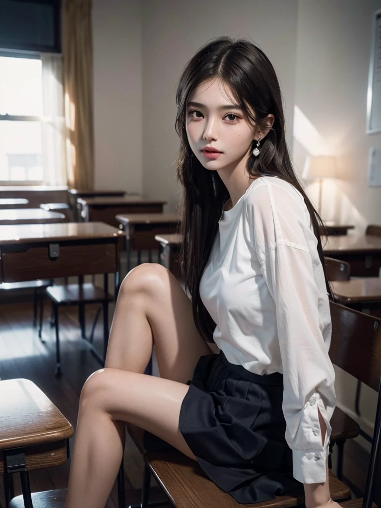absurdres, RAW photo, extremely delicate and beautiful, masterpiece, Best Quality, ultra high resolution, 32k, hyperrealistic, ultra-detailed, perfect anatomy, super Detailed skin, perfect figure, Super Beauty, Perfect Style, Perfect balance, Beautiful Lighting, Perfect Lightning, Realistic Shadows, 20 years old, very Slim body, narrow waist, very small head, very small face, delicate facial features, handsome detailed woman, very detailed eyes and face, realistic face proportions, Realistic beautiful face, Realistic beautiful eyes, tearful mole, earring, very huge round breasts, legs, medium hair, ((full body shot)), indoor, ((school_uniform)),