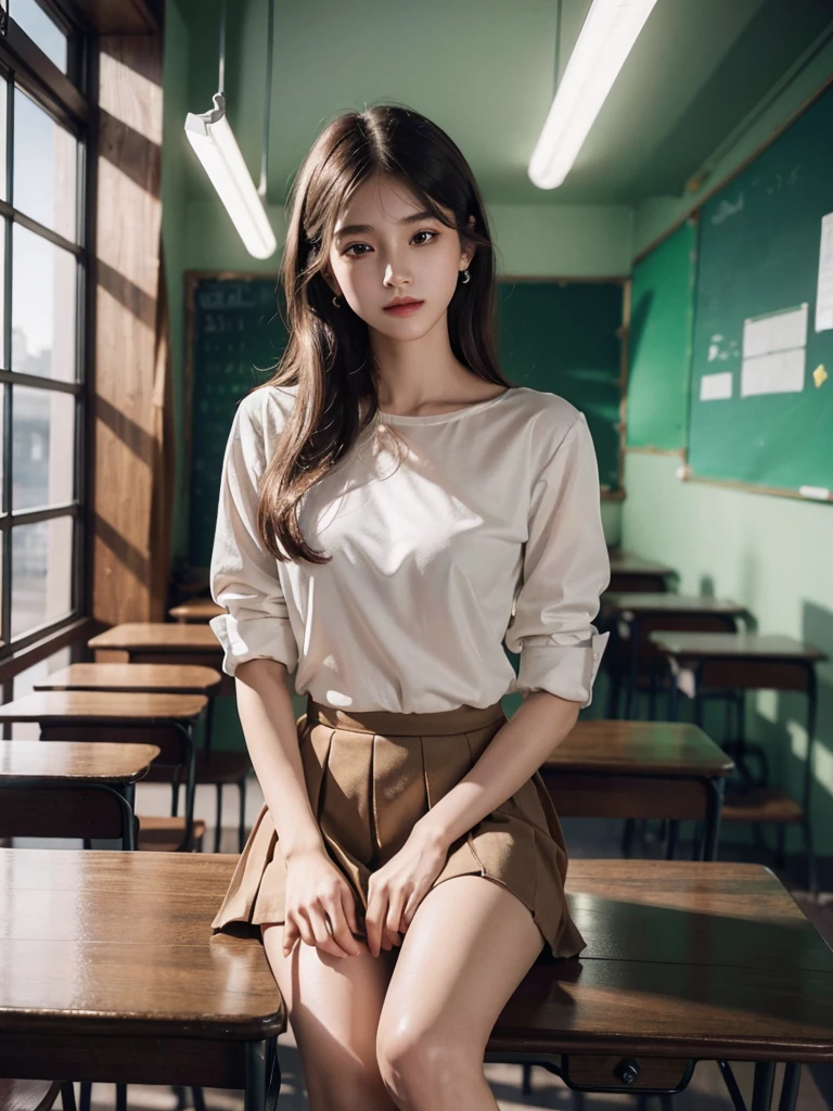 absurdres, RAW photo, extremely delicate and beautiful, masterpiece, Best Quality, ultra high resolution, 32k, hyperrealistic, ultra-detailed, perfect anatomy, super Detailed skin, perfect figure, Super Beauty, Perfect Style, Perfect balance, Beautiful Lighting, Perfect Lightning, Realistic Shadows, 20 years old, very Slim body, narrow waist, very small head, very small face, delicate facial features, handsome detailed woman, very detailed eyes and face, realistic face proportions, Realistic beautiful face, Realistic beautiful eyes, tearful mole, earring, very huge round breasts, legs, medium hair, ((full body shot)), indoor, ((school_uniform)),