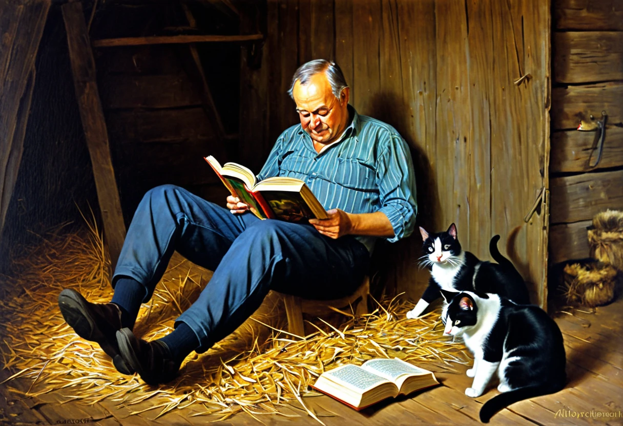 painting of a man reading a book to two cats in a barn, ultra humorous oil painting, by Alexander Kucharsky, by Vladimir Borovikovsky, storybook art, by Oleg Lipchenko, by Krzysztof Boguszewski, by Andrei Ryabushkin, by Olga Rozanova, by Vladimir Novak, very humorous oil painting