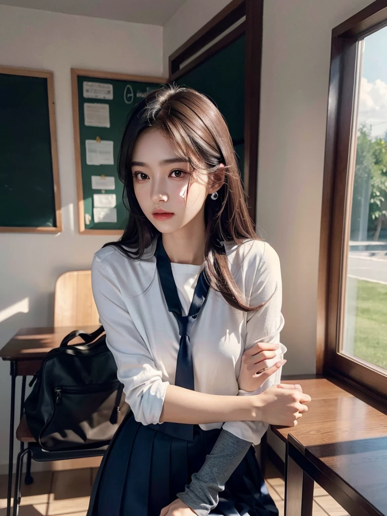 absurdres, RAW photo, extremely delicate and beautiful, masterpiece, Best Quality, ultra high resolution, 32k, hyperrealistic, ultra-detailed, perfect , super Detailed skin, perfect figure, Super Beauty, Perfect Style, Perfect balance, Beautiful Lighting, Perfect Lightning, Realistic Shadows, 20 years old, very Slim body, narrow waist, very small head, very small face, delicate facial features, handsome detailed woman, very detailed eyes and face, realistic face proportions, Realistic beautiful face, Realistic beautiful eyes, tearful mole, earring, very huge round , legs, medium hair, ((full body shot)), indoor, ((school_uniform)), 