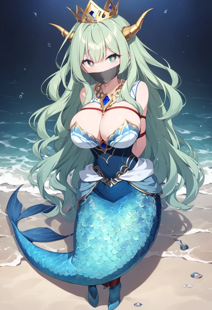 score_9, score_8_up, source_anime, 1girl, solo,The photo features a female character dressed in attire inspired by sea motifs and mythology. She wears a gold crown with horn-like decorations and has long flowing hair with a bluish tint. Her dress is predominantly green and gold, with the lower part resembling fish scales, giving the impression of a mermaid or sea goddess. On her shoulders are ornaments shaped like dragon or sea creature heads. The character also holds a staff adorned with sea elements, completing her grand and mystical appearance. (bound wirsts), (arms behind back), (tapegag, tape gag), dramatic, (looking at viewer), (detailed pupils:1.3), ,red rope, thick rope,big breast,full body