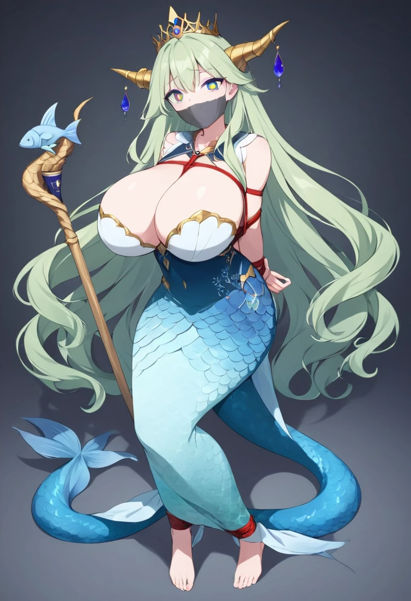 score_9, score_8_up, source_anime, 1girl, solo,The photo features a female character dressed in attire inspired by sea motifs and mythology. She wears a gold crown with horn-like decorations and has long flowing hair with a bluish tint. Her dress is predominantly green and gold, with the lower part resembling fish scales, giving the impression of a mermaid or sea goddess. On her shoulders are ornaments shaped like dragon or sea creature heads. The character also holds a staff adorned with sea elements, completing her grand and mystical appearance. (bound wirsts), (arms behind back), (tapegag, tape gag), dramatic,  (looking at viewer), (detailed pupils:1.3), ,red rope, thick rope,big breast,full body 