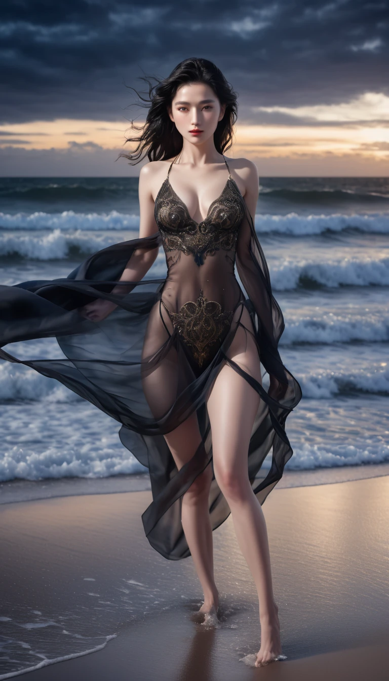 ((Masterpieces with up to 16K resolution:1.6)),Highest quality,it is really amazing,Very detailed,Ultra-high resolution,((Real:1.5)),((Realistic:1.5)),Increased depth of field,((Cinematic Light Effects:1.5)),
Elegant mature woman,
Long black hair,((Ultra-detailed and beautiful faces:1.5)),Translucent white skin,Very detailedな肌の質感,Great proportions,Anatomically correct body,
Elegant high leg swimsuit,Artistic design,Beautiful and detailed pattern,Luxurious jewellery decoration,Detailed fabric texture,
Coastal landscape at dusk,Dark clouds and dark sky,delay々Continuing sandy beach, Deserted Beach,Dark sea surface,
((Focus on a woman's face:1.5)),(((Cinematic Angle:1.8))),