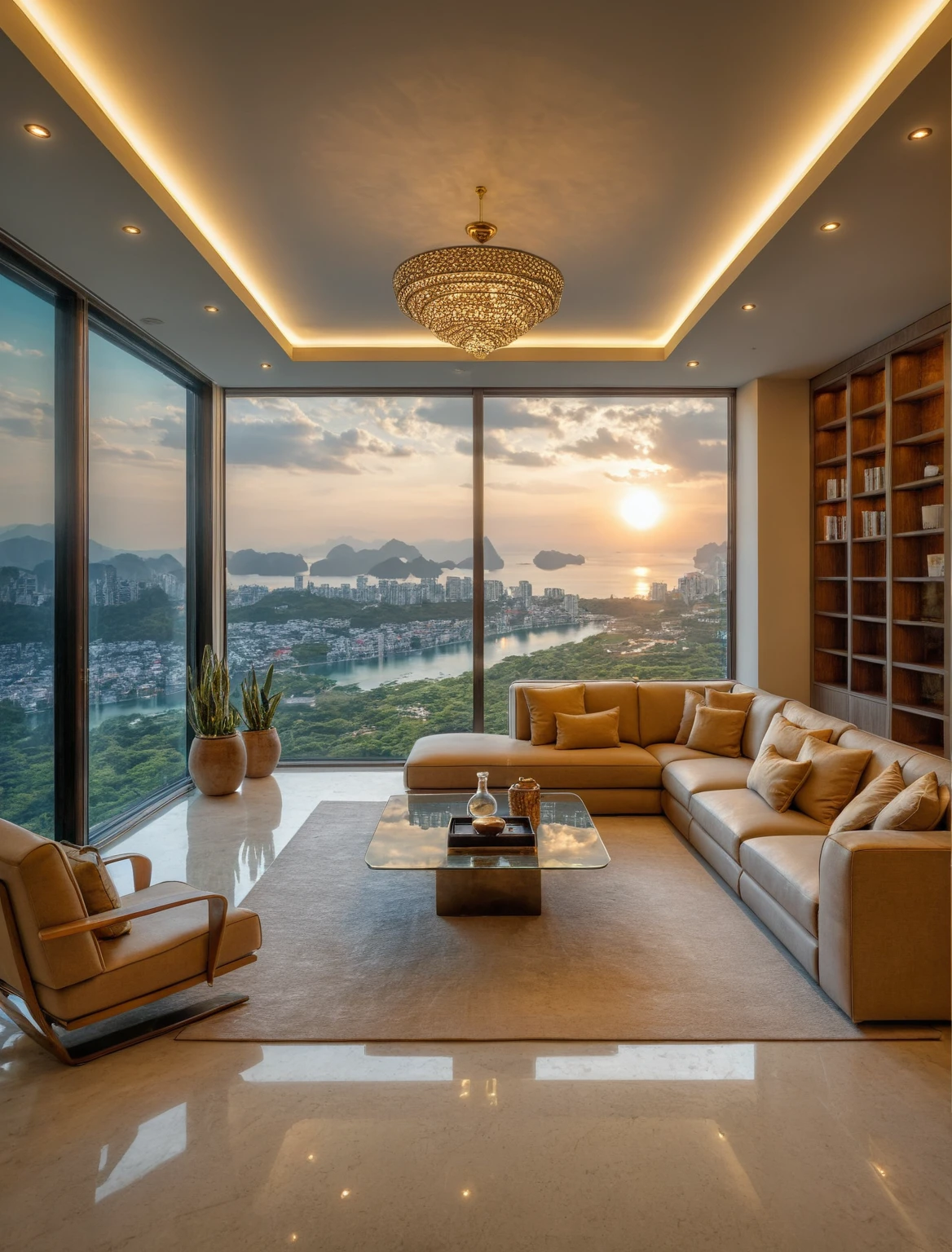 Raw photo,Masterpiece, high quality, best quality, authentic, super detail, interior, livingroom style modern luxury, sunset, day light, sofa, tea table, carpet, flower vase on tea table, wine bottle, tray, armchair, wine cabinet, books, glass cabinet doors, snake plant pot, halong bay view window, downlight, chandelier