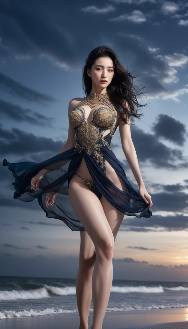 ((Masterpieces with up to 16K resolution:1.6)),Highest quality,it is really amazing,Very detailed,Ultra-high resolution,((Real:1.5)),((Realistic:1.5)),Increased depth of field,((Cinematic Light Effects:1.5)),
Elegant mature woman,
Long black hair,((Ultra-detailed and beautiful faces:1.5)),Translucent white skin,Very detailedな肌の質感,Great proportions,Anatomically correct body,
Elegant high leg swimsuit,Artistic design,Beautiful and detailed pattern,Luxurious jewellery decoration,Detailed fabric texture,
Coastal landscape at dusk,Dark clouds and dark sky,delay々Continuing sandy beach, Deserted Beach,Dark sea surface,
((Focus on a woman's face:1.5)),(((Cinematic Angle:1.8))),