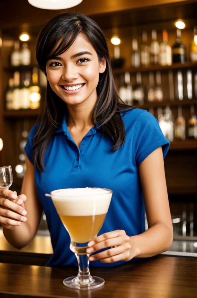 Fille, happy face, at the bar, habillée d'une belle robe, Une peau propre, super maigre, very detailed, Detailed face, longs cheveux bruns, yeux bruns, long torse, tanned skin