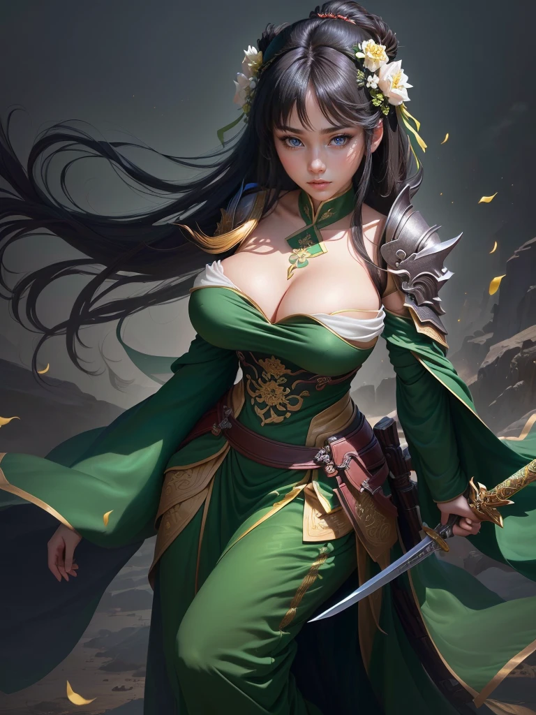 a woman in a green dress holding a sword and a flower, inspired by Li Mei-shu, inspired by Shen Zhou, inspired by Wu Li, inspired by Wu Zuoren, yun ling, inspired by Ju Lian, inspired by Li Tang, full body xianxia, inspired by Qiu Ying, inspired by Lan Ying, xianxia hero, Highly detailed CG unit 8k wallpaper, masterpiece, High resolution, highest quality, highest quality real texture skin, Super Real, Digital Painting, Best image quality, 最High resolution, 8k, ((Highly detailed eyes and face, Beautiful eyes every detail)), 1girl, Full Body Shot, Cleavage, Saggy breasts, Gravity-dependent breasts, long chest, Heavy chest, disproportionate breasts, huge breasts, sagging breasts, gigantic breasts, erect nipple, Off the shoulder,
