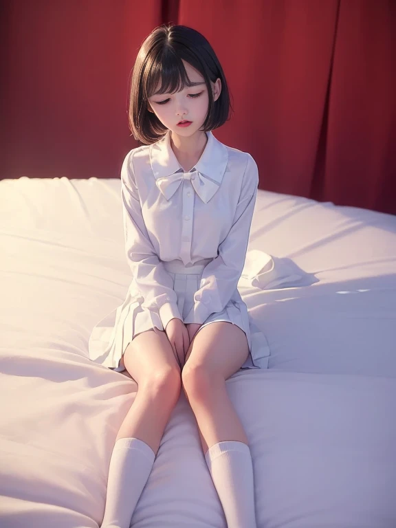 (masterpiece、Highest quality:1.7)、(11 years old:1.5)、(Full body shot:1.5)、Bobcut、Black Hair、85mm、16K、Official Art、RAW Photos、Best Beautiful Faces、Close-up、Violet、Gardenia、((The best beautiful girl、very cute))、Red blush on cheeks、indoor、(In bed:1.8)、Film Grain、Chromatic Aberration、Sharp Focus、(((Nice hands、Perfect hands、Perfect Fingers、A perfect body without flaws)))、Detailed face、(Slender body:1.5)、(Slender body:1.4)、(Small and flat bust:1.7)、(Narrow thighs:1.3)、(Let your bangs hang down:1.8)、(Blushing:1.8)、(Low contrast lighting:1.4)、(White tight business blouse with collar:1.5)、(White bow tie blouse:1.4)、(Long sleeve: 1.3)、(White pleated mini skirt:1.5)、(White School Socks:1.5)、(Eyes closed:1.5),(knees up:1.5)