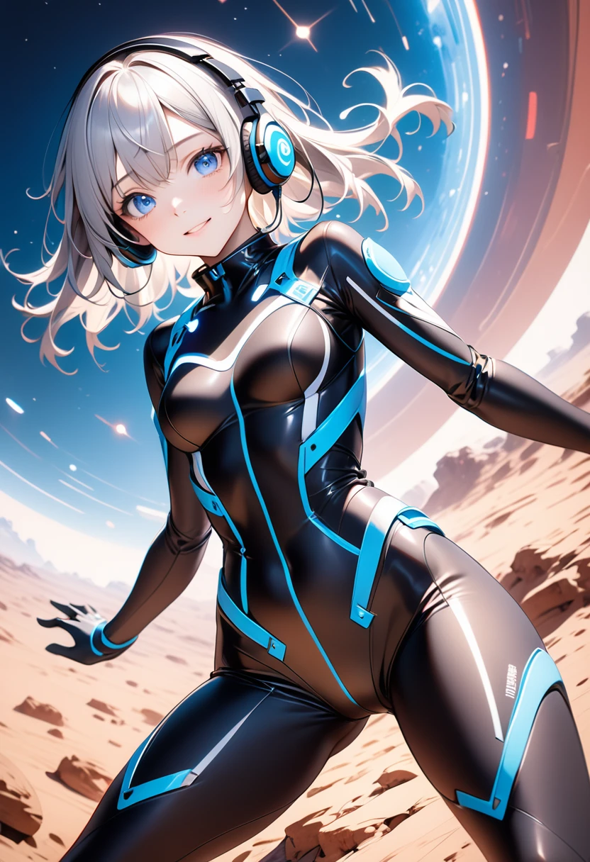 A beautiful silver-haired girl wearing headphones, a sci-fi action set on Mars in the 2500s, a body suit with a black base that emits a glow, a complex pattern that emits light, a smiling face, and blue eyes staring at you. There is., ai-generated,Dynamic poses, sexy poses,A sad expression, (dutch angle),