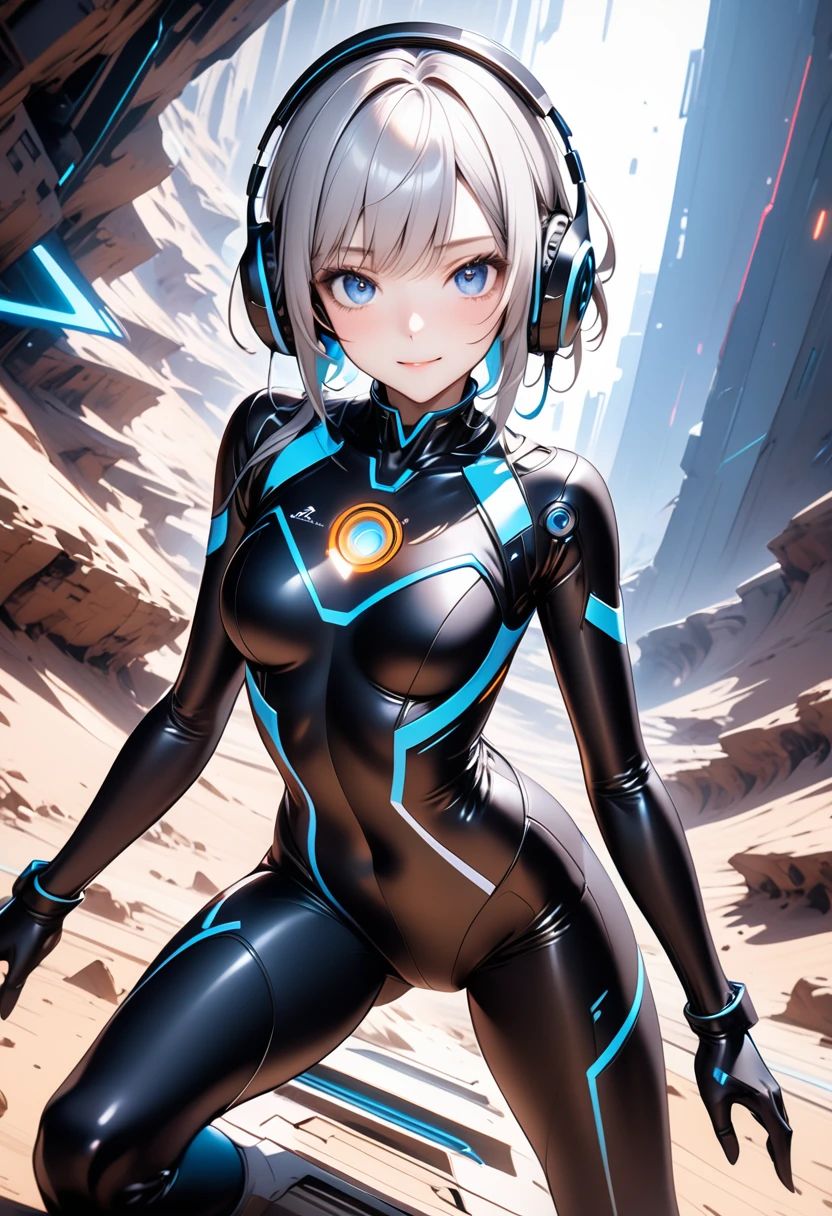 A beautiful silver-haired girl wearing headphones, a sci-fi action set on Mars in the 2500s, a body suit with a black base that emits a glow, a complex pattern that emits light, a smiling face, and blue eyes staring at you. There is., ai-generated,
