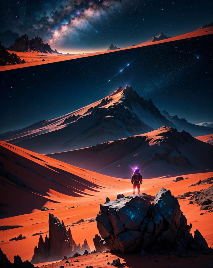 Create a panoramic painting of a night landscape on Mars. The sky is filled with bright stars and vibrant nebulas in colors like blues, purples, and pinks, intertwining in a cosmic spectacle. In the background, strange-shaped mountains rise, with jagged peaks that reflect the starlight softly.

In the foreground, depict rocks and stones in unusual colors, with textures resembling crystal and shiny metals. Add a river of lava flowing slowly, illuminating the landscape with an orange glow. Include alien plants with luminous leaves and whimsical shapes, contrasting with the red, dusty Martian ground.

To add a touch of fantasy, incorporate flying creatures with iridescent wings soaring through the starry sky. Include an astronaut in a contemplative pose, gazing at the horizon, wearing a shiny spacesuit that reflects the colors of the landscape. The atmosphere should evoke a sense of wonder and mystery, transporting the viewer to an imaginary world."