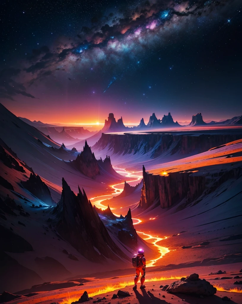 Create a panoramic painting of a night landscape on Mars. The sky is filled with bright stars and vibrant nebulas in colors like blues, purples, and pinks, intertwining in a cosmic spectacle. In the background, strange-shaped mountains rise, with jagged peaks that reflect the starlight softly.
In the foreground, depict rocks and stones in unusual colors, with textures resembling crystal and shiny metals. Add a river of lava flowing slowly, illuminating the landscape with an orange glow. Include alien plants with luminous leaves and whimsical shapes, contrasting with the red, dusty Martian ground.
To add a touch of fantasy, incorporate flying creatures with iridescent wings soaring through the starry sky. Include an astronaut in a contemplative pose, gazing at the horizon, wearing a shiny spacesuit that reflects the colors of the landscape. The atmosphere should evoke a sense of wonder and mystery, transporting the viewer to an imaginary world."