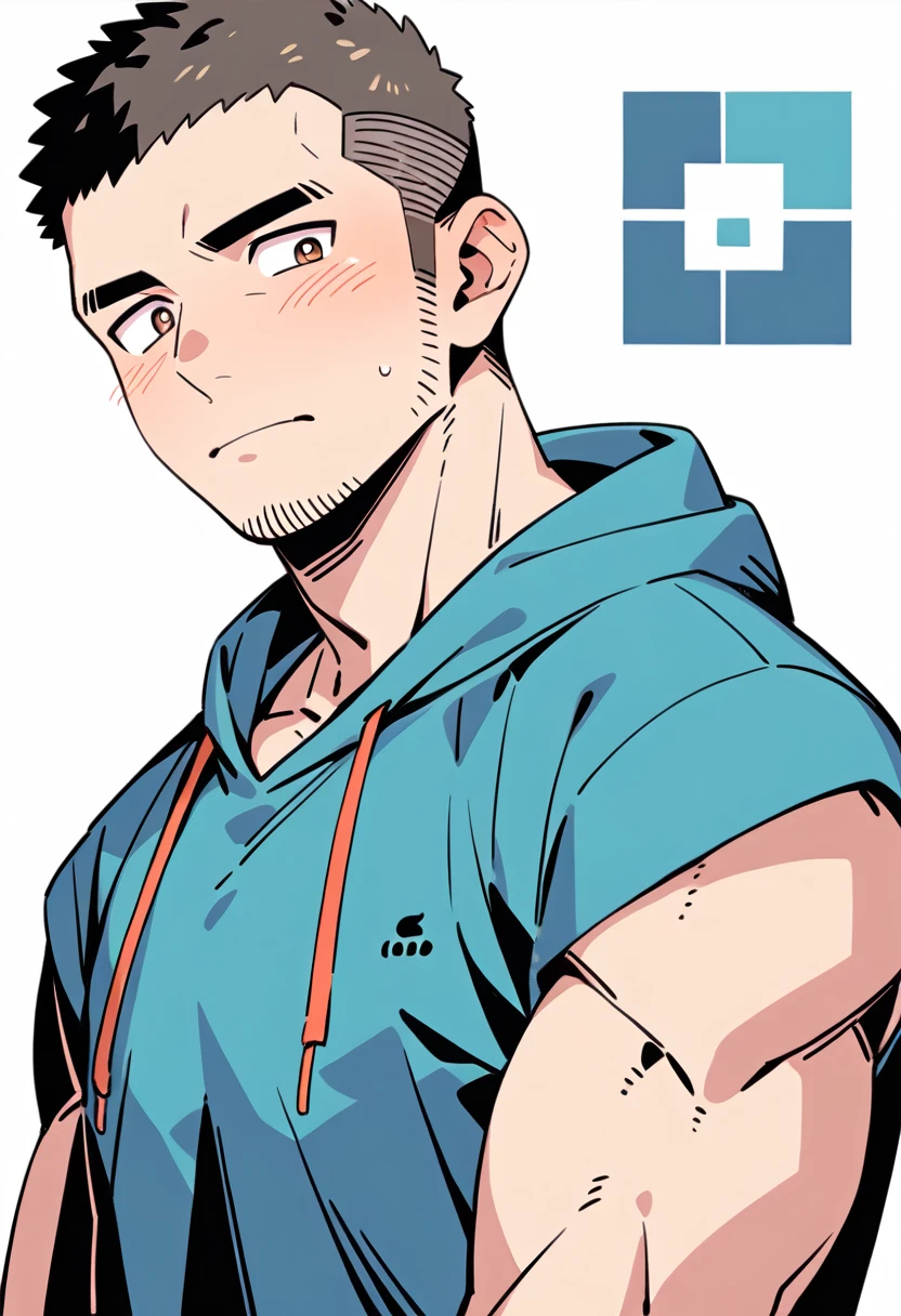 anime characters:Priapus, Muscle Sports Student, Buzz Cut, Manliness, male focus, Sports tight hooded sweatshirt, Very tight, full and perky chest muscles, muscular male, muscular, only, Upper body, alone, Black short hair, Thick eyebrows, stubble, Brown-red pupils, White background, simple background, amazing quality, best aesthetics, Ridiculous, crew cut, blush, A bright rose in the mouth, embarrassed, shy, endured face, negative space, best quality