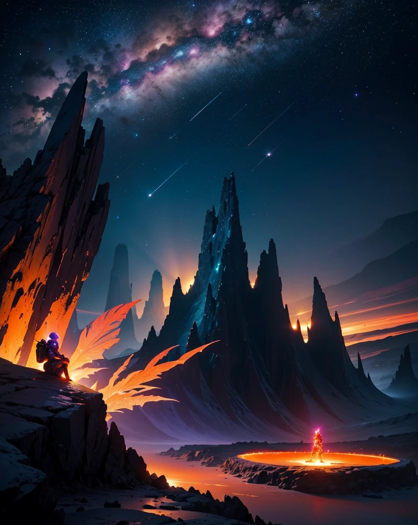 Create a panoramic painting of a night landscape on Mars. The sky is filled with bright stars and vibrant nebulas in colors like blues, purples, and pinks, intertwining in a cosmic spectacle. In the background, strange-shaped mountains rise, with jagged peaks that reflect the starlight softly.

In the foreground, depict rocks and stones in unusual colors, with textures resembling crystal and shiny metals. Add a river of lava flowing slowly, illuminating the landscape with an orange glow. Include alien plants with luminous leaves and whimsical shapes, contrasting with the red, dusty Martian ground.

To add a touch of fantasy, incorporate flying creatures with iridescent wings soaring through the starry sky. Include an astronaut in a contemplative pose, gazing at the horizon, wearing a shiny spacesuit that reflects the colors of the landscape. The atmosphere should evoke a sense of wonder and mystery, transporting the viewer to an imaginary world."