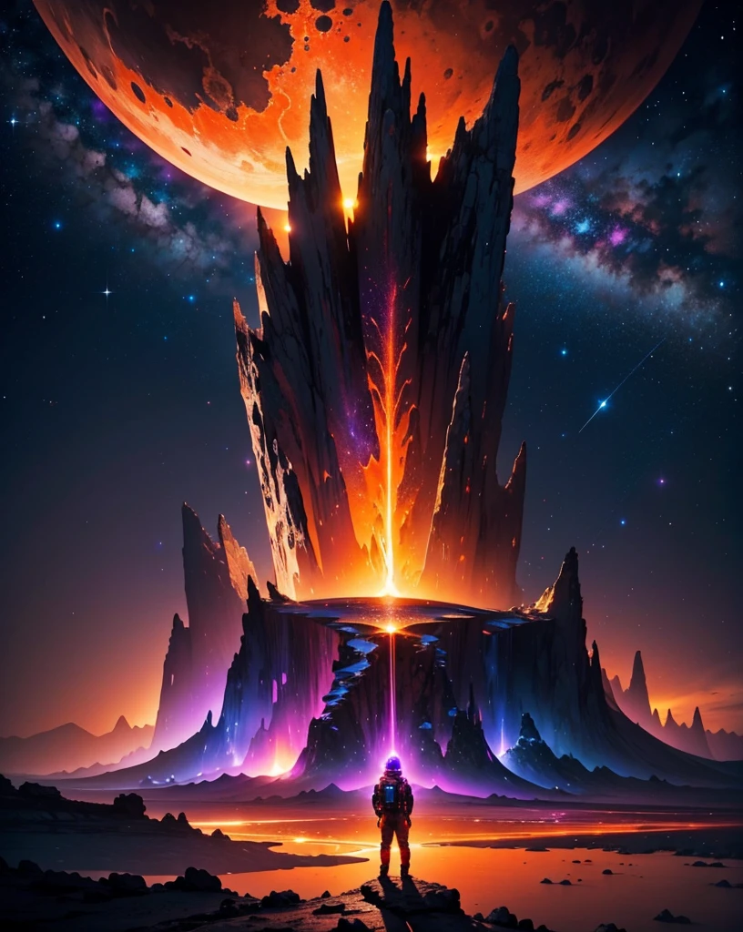 Create a panoramic painting of a night landscape on Mars. The sky is filled with bright stars and vibrant nebulas in colors like blues, purples, and pinks, intertwining in a cosmic spectacle. In the background, strange-shaped mountains rise, with jagged peaks that reflect the starlight softly.
In the foreground, depict rocks and stones in unusual colors, with textures resembling crystal and shiny metals. Add a river of lava flowing slowly, illuminating the landscape with an orange glow. Include alien plants with luminous leaves and whimsical shapes, contrasting with the red, dusty Martian ground.
To add a touch of fantasy, incorporate flying creatures with iridescent wings soaring through the starry sky. Include an astronaut in a contemplative pose, gazing at the horizon, wearing a shiny spacesuit that reflects the colors of the landscape. The atmosphere should evoke a sense of wonder and mystery, transporting the viewer to an imaginary world."