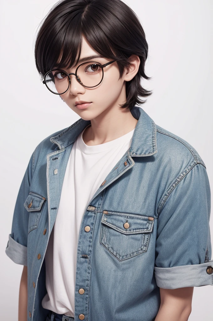 A character with round glasses and short mullet style hair in 2D drawing style on paper with a white background